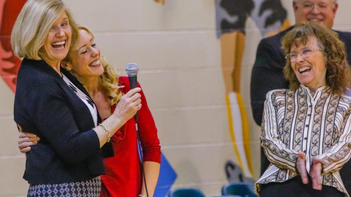 Molly Spearman could be South Carolina’s last elected superintendent of education under legislation she helped convince the General Assembly to pass. Here, she is hugged by Nursery Road Elementary School Spanish teacher Vanessa Torres.