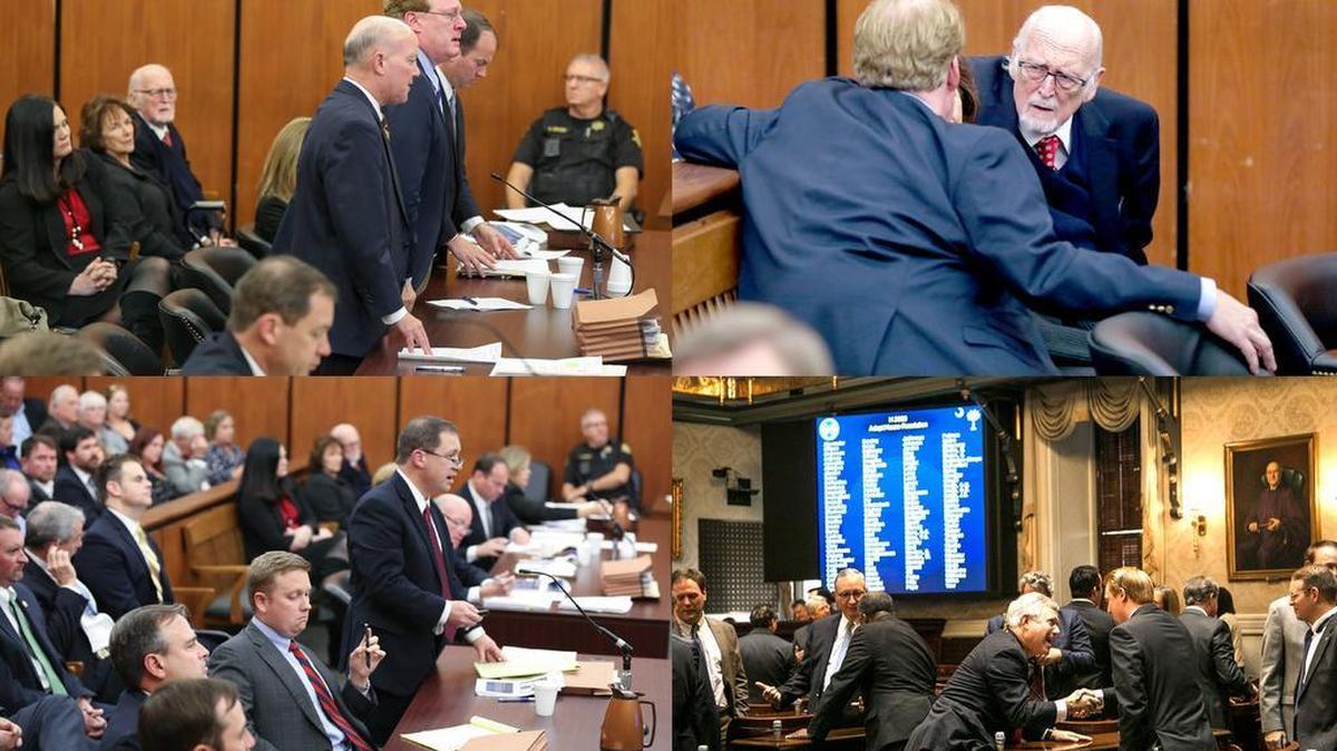 Clockwise from top left: Former SC Rep Rick Quinn pleads guilty to a corruption charge; Mr. Quinn consults with his father, Richard Quinn; House members greet eachother on the House floor; Solicitor David Pascoe addresses the court at the Quinn sentencing hearing.