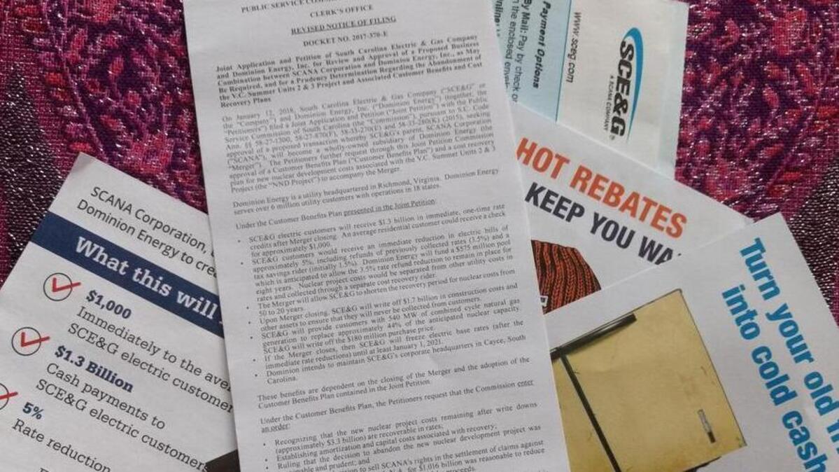 The inserts from my latest SCE&G bill. The one in front is a notificaiton of the proposed merger between Dominion Energy and SCANA.