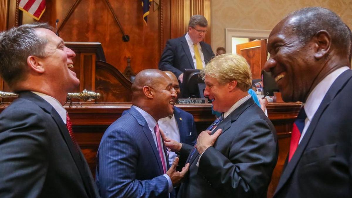 SC Rep Rick Quinn, second from right, was charged Tuesday with misconduct in office. With him are Reps James Smith,Todd Rutherford and Bill Clyburn.