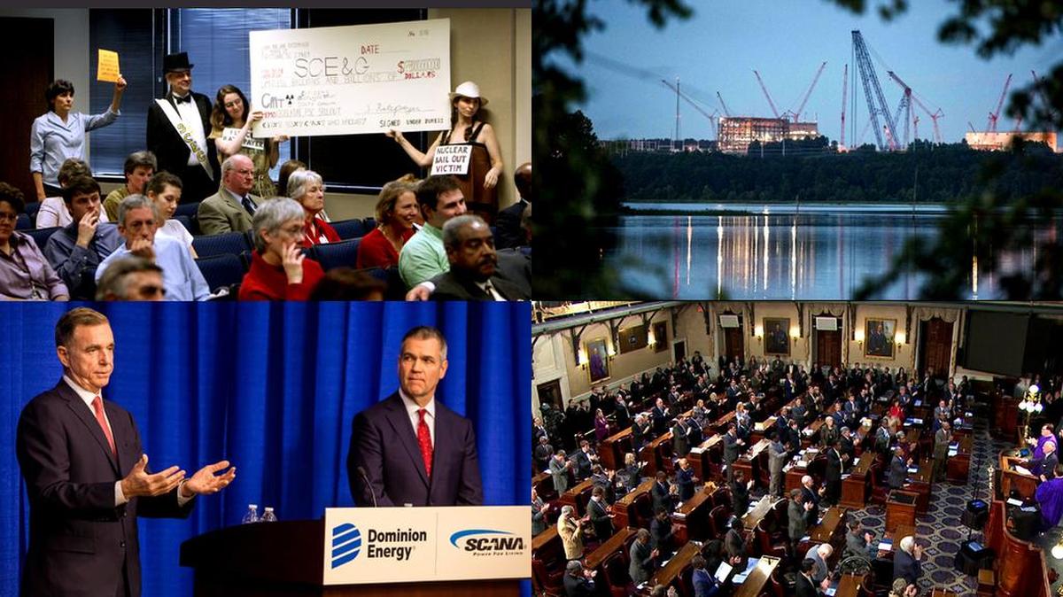 South Carolina’s nuclear debacle, clockwise from upper left: Protesters warn of pending problems in 2009; the VC Summer nuclear plant during construction of the third reactor; the Legislature applauds during Gov Henry McMaster’s 2018 State of the State address; Dominion Energy CEO Thomas Farrell II and SCANA CEO Jimmy Addison explain their proposed merger.