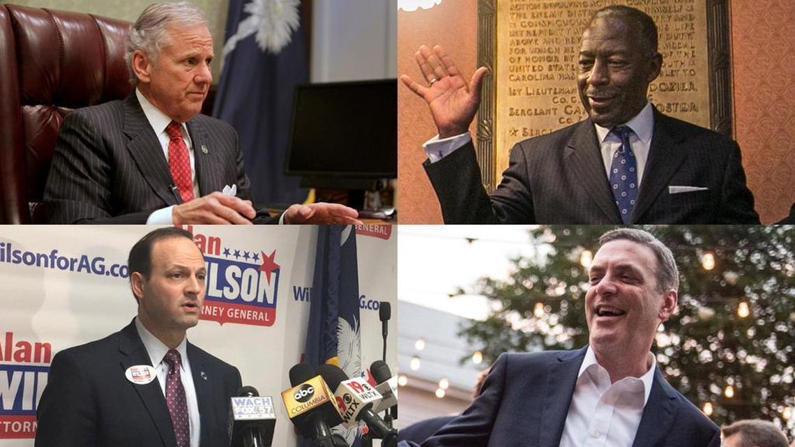 Combined, three top state officials and 5th Circuit Solicitor Dan Johnson’s counterpart in Lexington traveled out of state at public expense less than he did in the past couple of years. Clockwise from upper left: SC Gov Henry McMaster, Chief Justice Don Beatty, 11th Circuit Solicitor Rick Hubbard, Attorney General Alan Wilson.