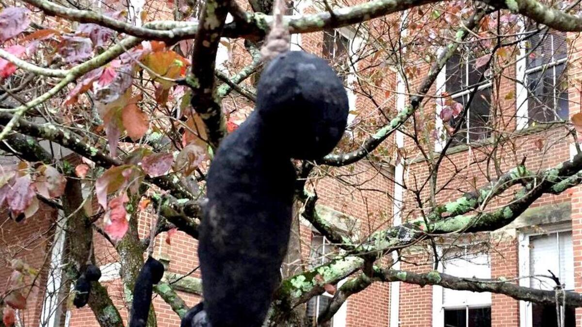 A student group calling itself the Association of Artists for Change filled black stockings with dirt to resemble human figures and illegally hung them from trees outside Wintrhop University’s Tillman Hall to protest the building’s name.