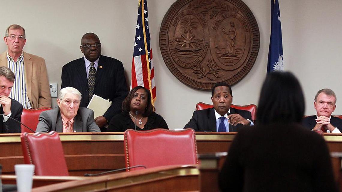 The Richlan County legislative delegation questions then-Elections Director Lillian McBride about the 2012 election fiasco.
