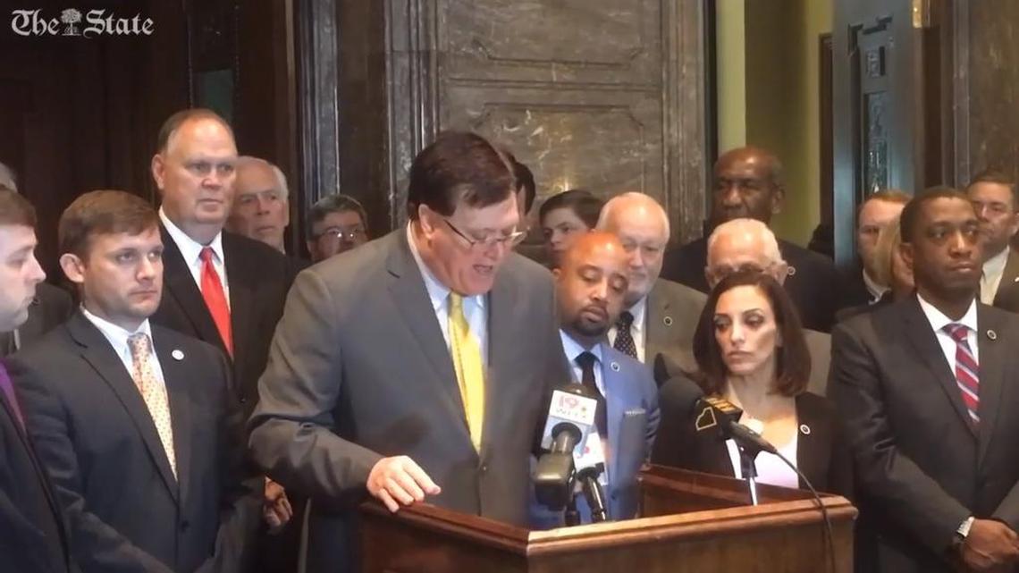 SC House Speaker Jay Lucas is joined by Democratic and Republican representatives at a news conference calling on the Senate to take action to reduce or eliminate SCE&G’s nuclear surcharge.