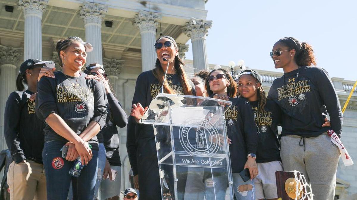 South Carolina’s A’ja Wilson, with her teammates, talks to the crowd, during a celebration and parade in downtown Columbia in honor of the National Championship University of South Carolina Women's Basketball Team.