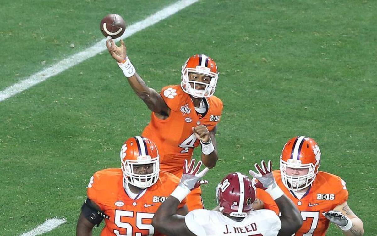 Clemson Tigers quarterback Deshaun Watson (4) delivers a pass in the first half of the National Championship game at University of Phoenix Stadium in Glendale, Ariz., Monday, January 11, 2016.
