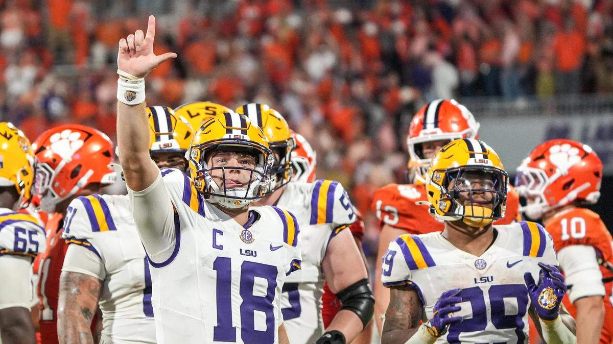 Louisiana State University quarterback Garrett Nussmeier (18) reacts after the last snap and play after LSU beat Clemson 17-10 at Memorial Stadium in Clemson, S.C. Saturday, August 30, 2025.