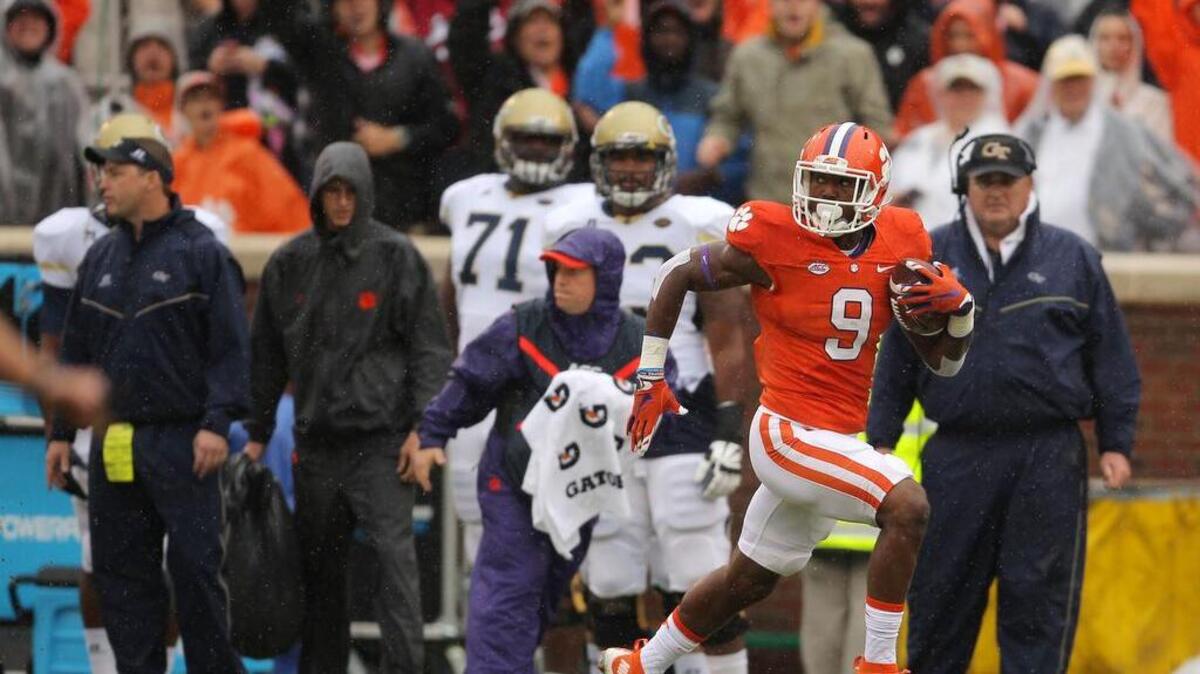 
Clemson's Wayne Gallman blasts down the Georgia Tech sidelines for a 66-yard touchdown run during early, first-quarter action in Clemson, S.C. on Saturday, Oct. 10, 2015. (Travis Bell/SIDELINE CAROLINA) 
