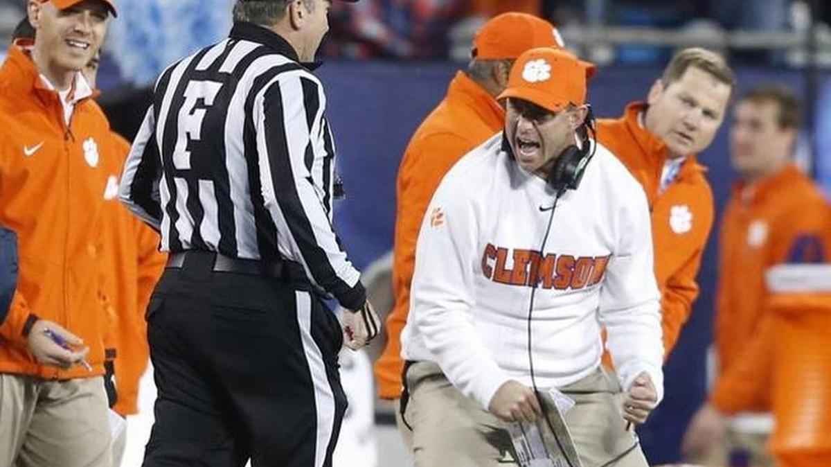 Clemson head coach Dabo Swinney is not happy with the lack of a call by the officials during the first half of UNC's game against Clemson in the ACC Football Championship at Bank of America Stadium in Charlotte Saturday.