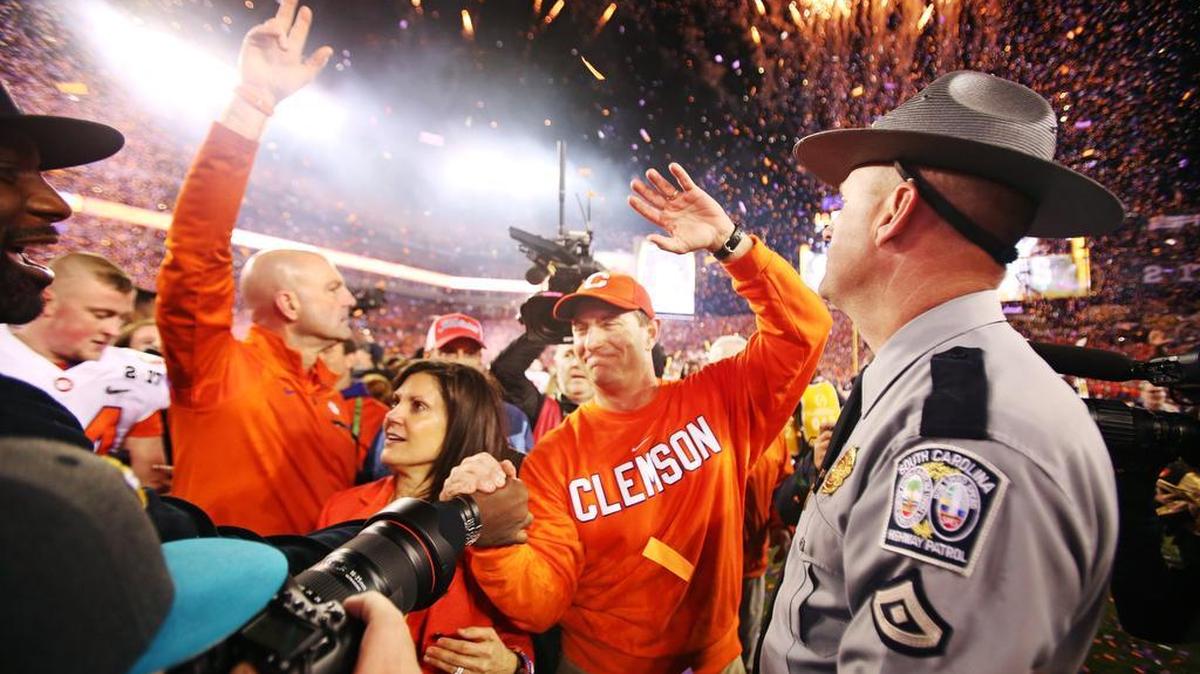 Clemson Tigers head coach Dabo Swinney celebrates after winning the National Championship at Raymond James Stadium in Tampa in January.