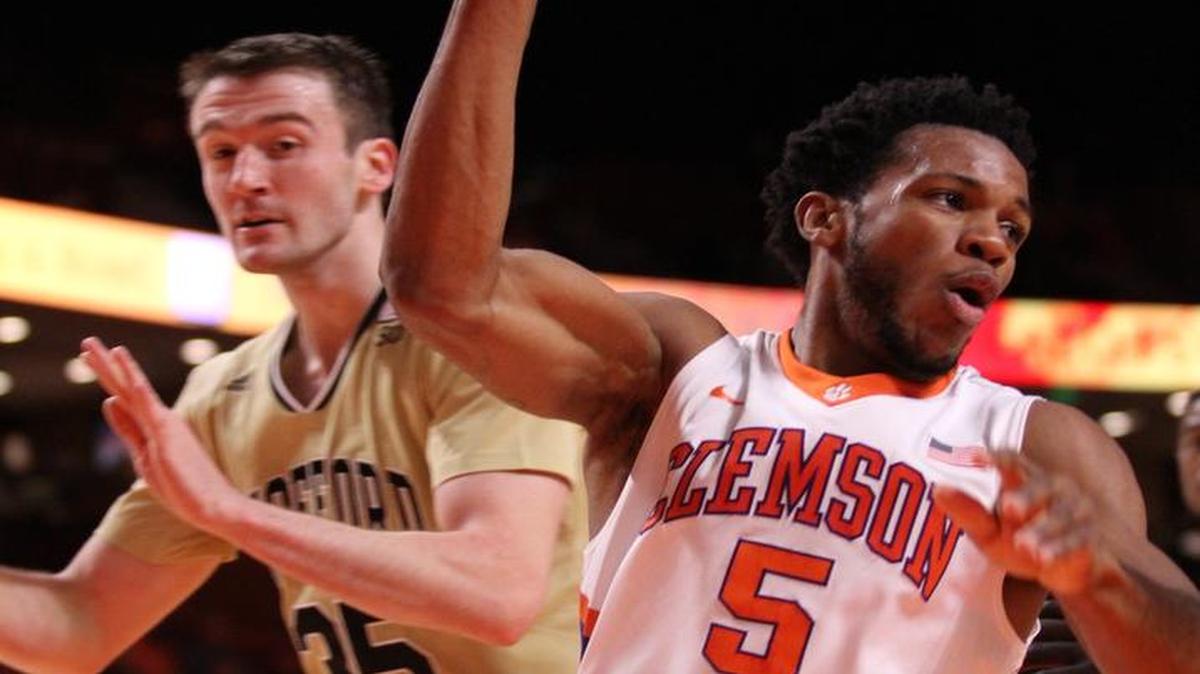 Clemson forward Jaron Blossomgame controls the ball during a game against Wofford last season.