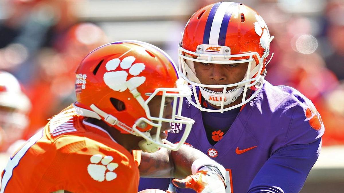 Clemson’s Deshaun Watson hands off the ball to Wayne Gallman during the Tigers’ spring game. Watson threw for two touchdowns in perhaps his final spring outing.