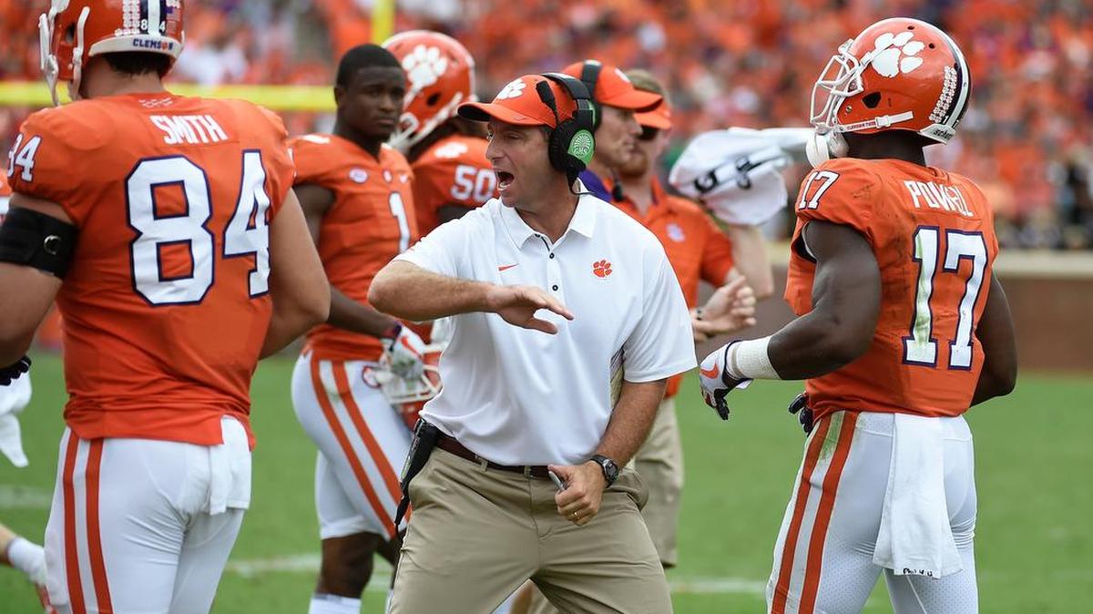 Clemson head coach Dabo Swinney encourages his players during a game this season.