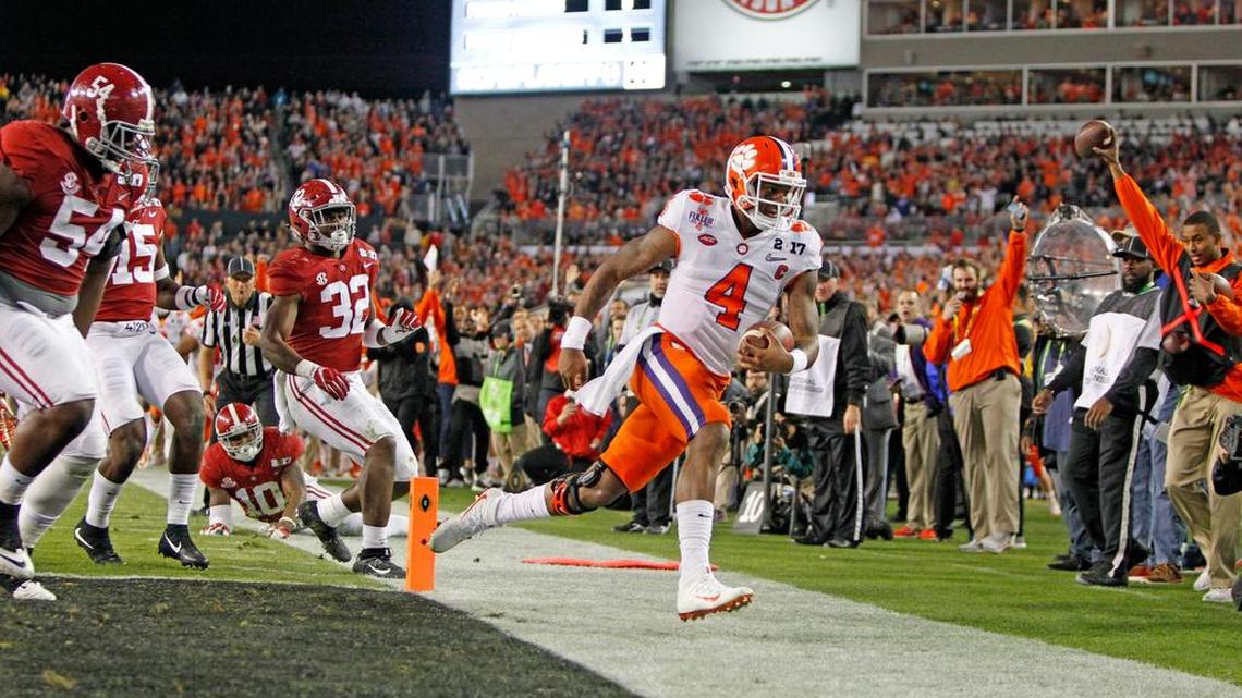 Clemson Tigers quarterback Deshaun Watson (4), scoring on a keeper in national championship game against Alabama. He is nominated for two ESPYs