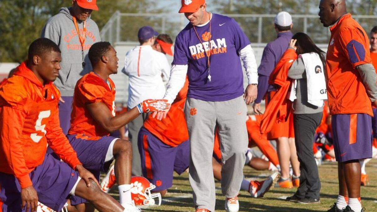 Clemson head coach Dabo Swinney leads practice at Scottsdale Community College in Scottsdale, Ariz., on Saturday.