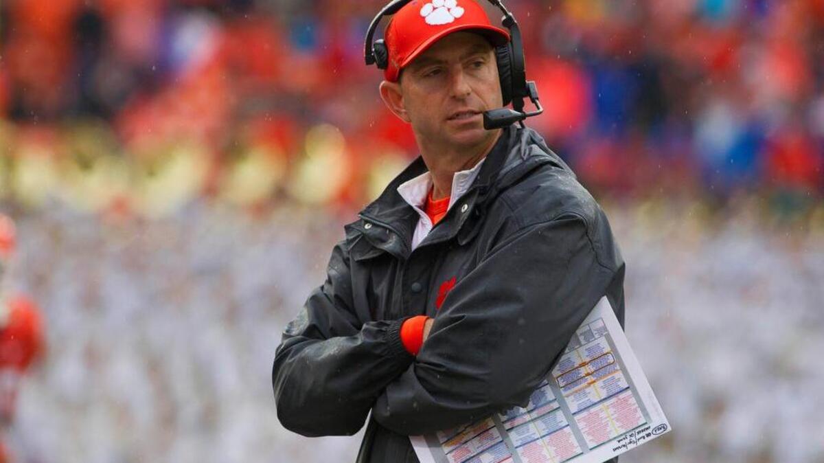 Oct 10, 2015; Clemson, SC, USA; Clemson Tigers head coach Dabo Swinney reacts during the second half against the Georgia Tech Yellow Jackets at Clemson Memorial Stadium. Clemson win 43-24. Mandatory Credit: Joshua S. Kelly-USA TODAY Sports