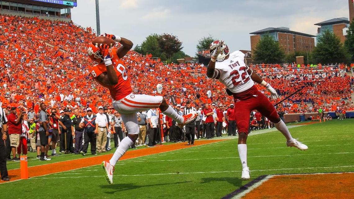 Clemson wide receiver Deon Cain (8) catches a touchdown pass against Troy on Saturday.
