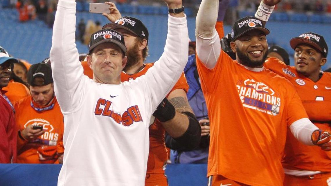 Clemson coach Dabo Swinney celebrates the team’s win over North Carolina to claim the ACC Championship at Charlotte on Dec. 5.