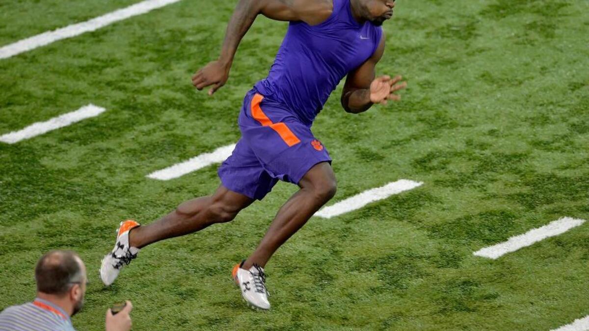 Mackensie Alexander runs drills at Clemson’s Pro Day, hoping to solidify his chances to be chosen in the first round of the NFL Draft.