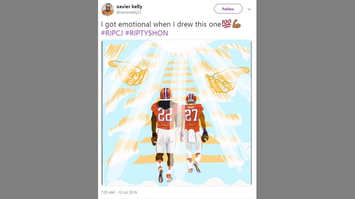 Clemson football player Xavier Kelly, who has been drawing since he was a child, drew a tribute to two former teammates who passed away in the past year: C.J. Fuller and Tyshon Dye.