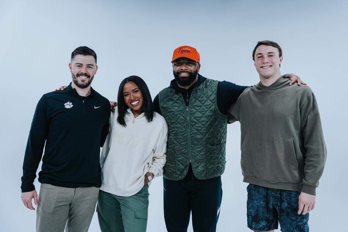 From left: Clemson offensive coordinator Garrett Riley, podcast host Daja Davidson, assistant QBs coach Tajh Boyd and QB Cade Klubnik in 2024