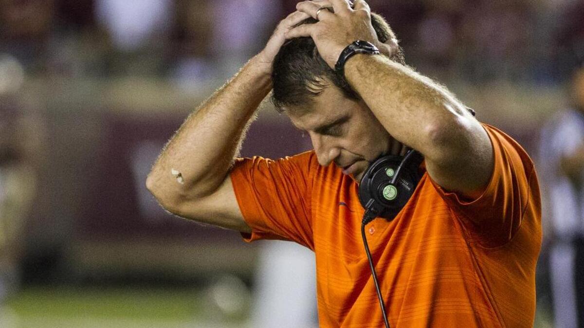 
Clemson coach Dabo Swinney reacts at the end of regulation against Florida State in an NCAA college football game in Tallahassee, Fla., Saturday, Sept. 20, 2014. Florida State defeated Clemson 23-17 in overtime. 
