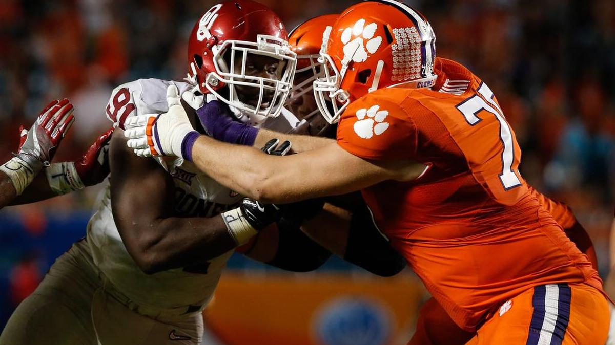Clemson offensive lineman Mitch Hyatt (75) blocks against Oklahoma in the Orange Bowl.