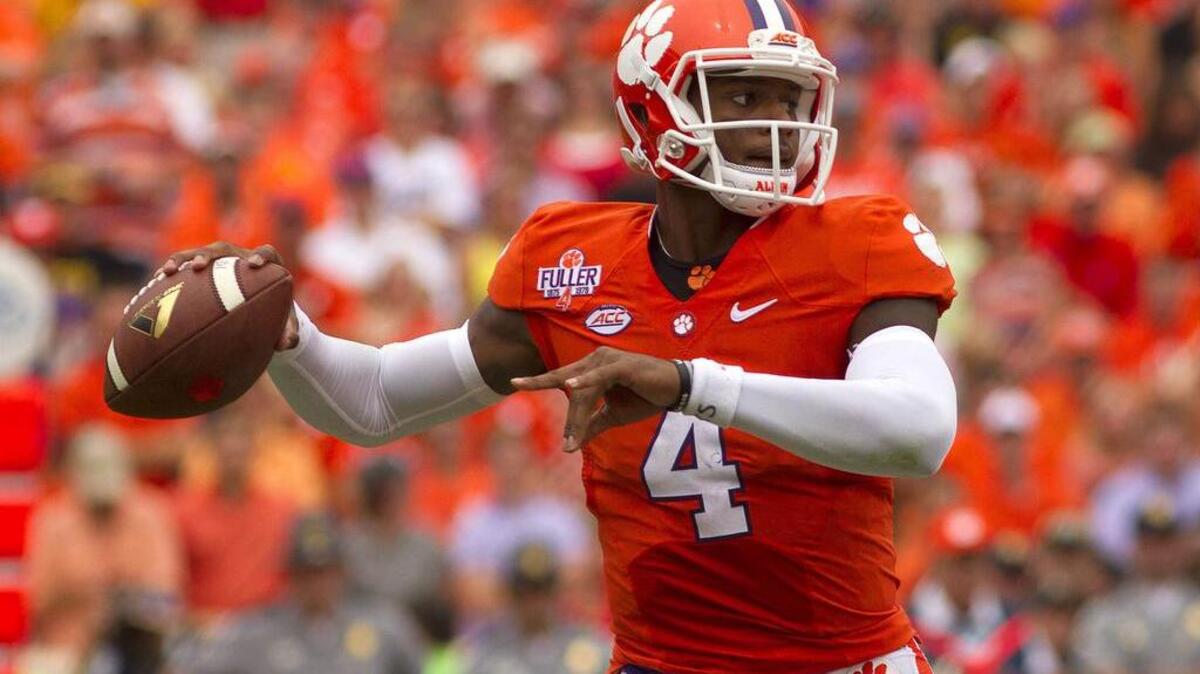 Sep 12, 2015; Clemson, SC, USA; Clemson Tigers quarterback Deshaun Watson (4) passes the ball during the first half against the Appalachian State Mountaineers at Clemson Memorial Stadium. Mandatory Credit.