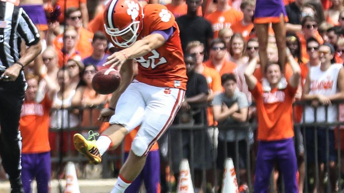 
Clemson’s Greg Huegel kicks off against Wofford.
