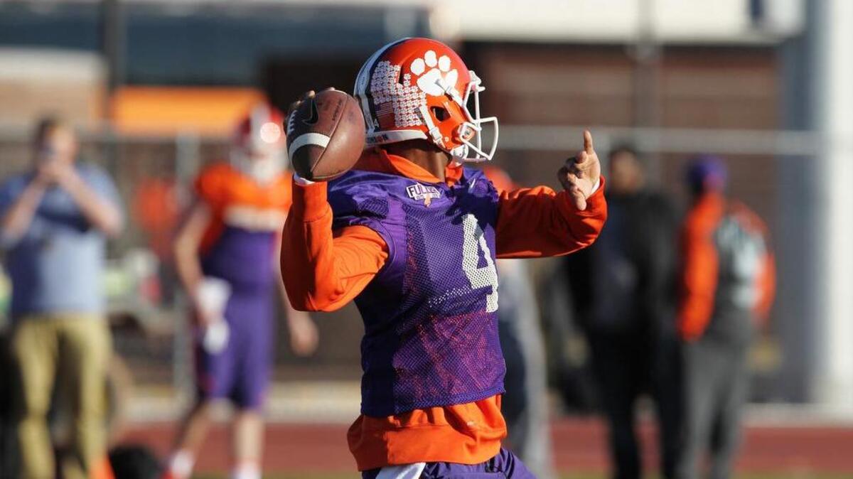 Clemson quarterback Deshaun Watson (4) delivers a pass during practice Saturday at Scottsdale Community College in Scottsdale, Ariz.