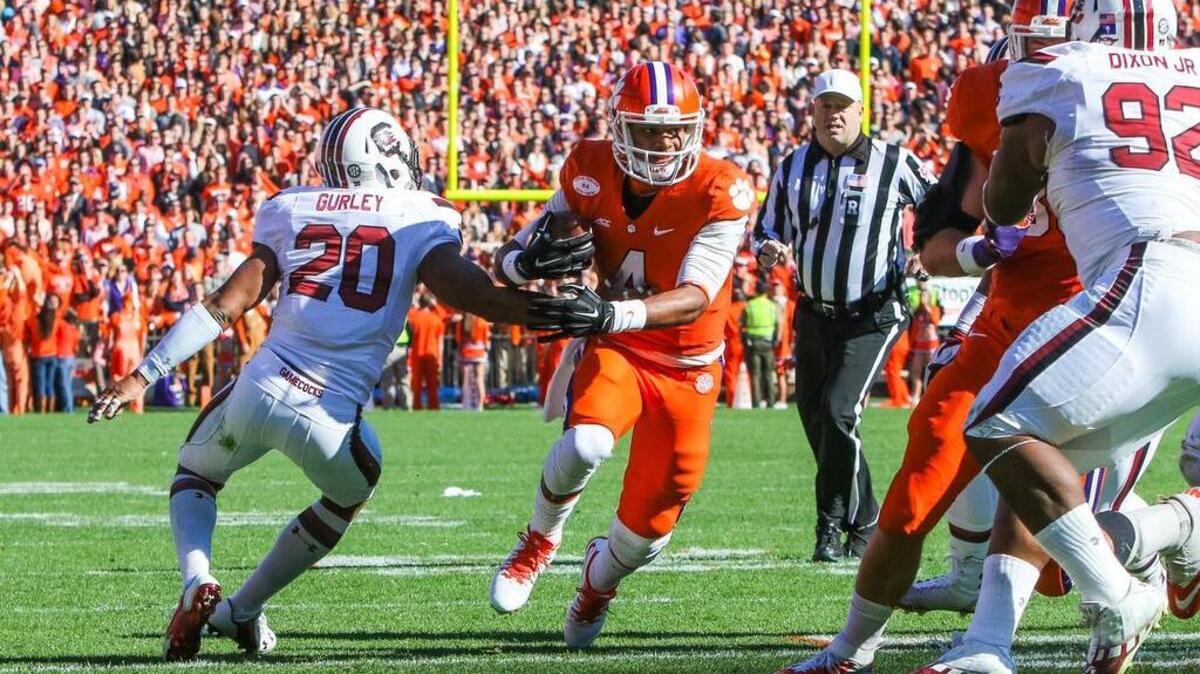 
Clemson’s Deshaun Watson (4) shakes off a tackle during last year’s win over South Carolina. Watson’s the Tigers’ undisputed starter at QB this season.
