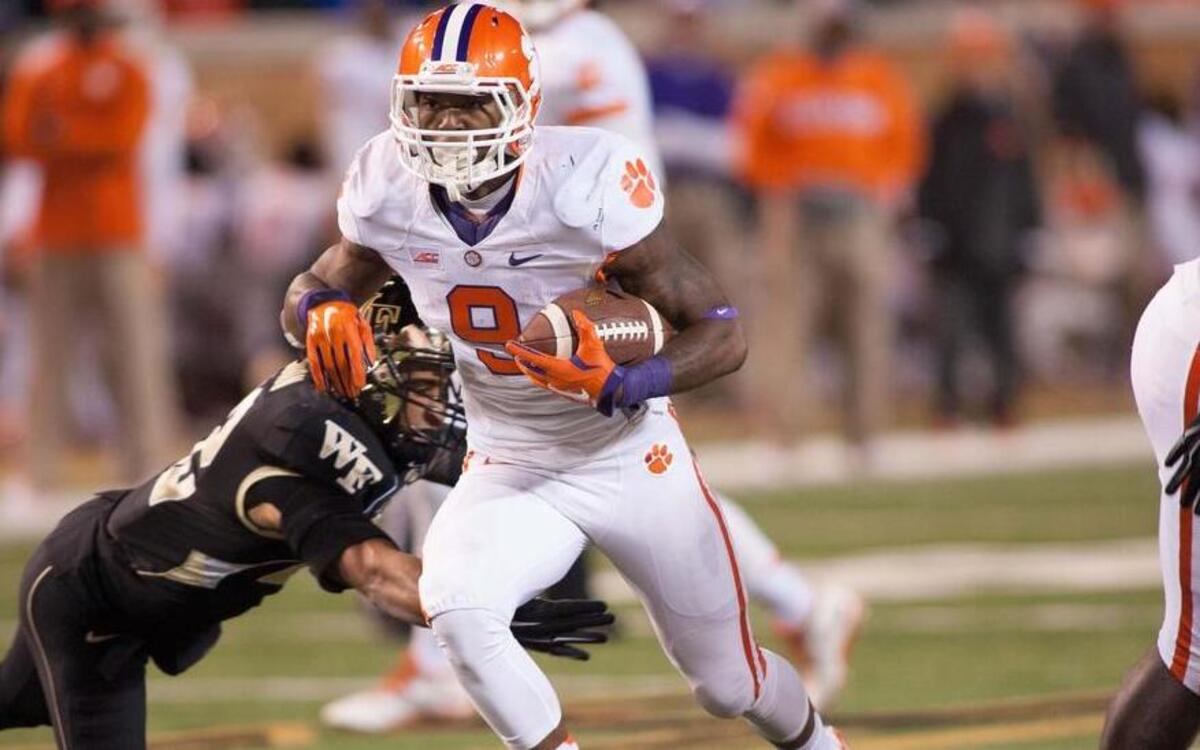 
Clemson Tigers running back Wayne Gallman (9) runs the ball during the third quarter against the Wake Forest Demon Deacons at BB&T Field. 

