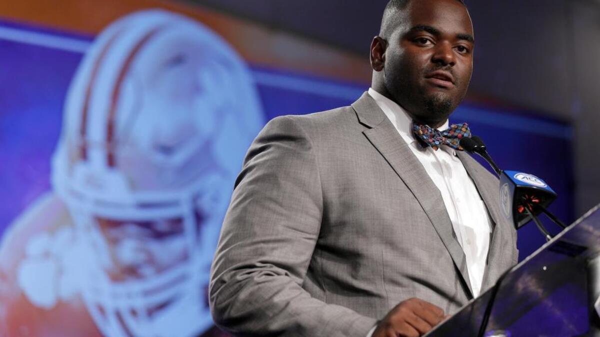 Clemson’s Tyrone Crowder listens to a question during the Atlantic Coast Conference NCAA college football media day on July 13 in Charlotte.