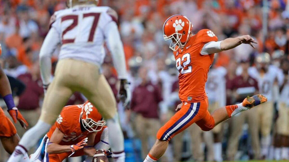 Clemson's Greg Huegel kicks a field goal against Florida State Saturday. Clemson won 23-13.