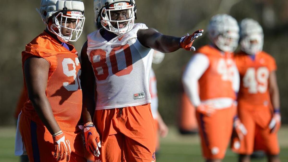 Clemson’s Dexter Lawrence, right, works with fellow freshman defensive lineman Nyles Pinckney during Monday’s start of spring practice.