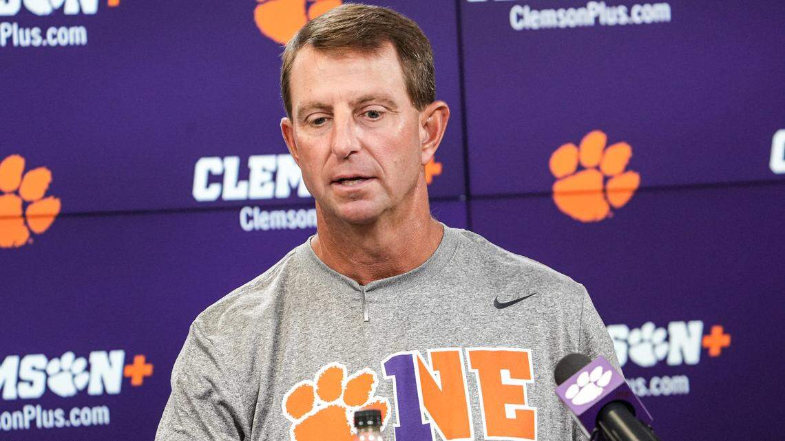 Clemson head coach Dabo Swinney talks with media in the Smart Family Media Center in Clemson, Thursday, July 31, 2025.