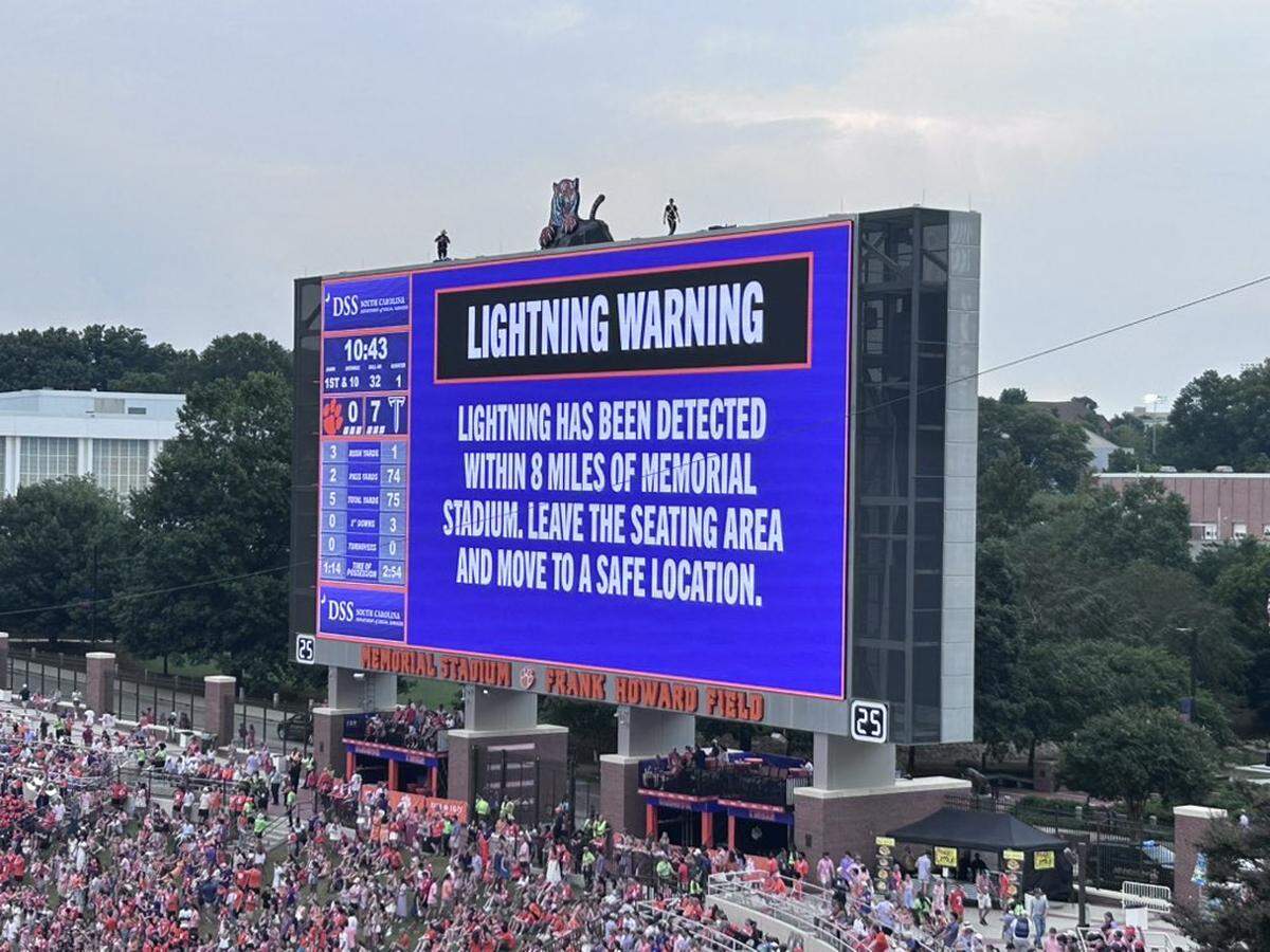 Play was suspended in Saturday’s Clemson-Troy football game at the 10:43 mark of the first quarter because of lightning in the area.
