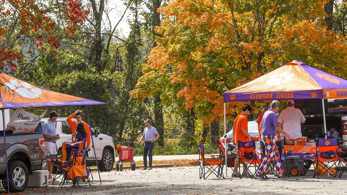 Clemson football fans tailgating outside Memorial Stadium before a 2024 home game vs. Louisville