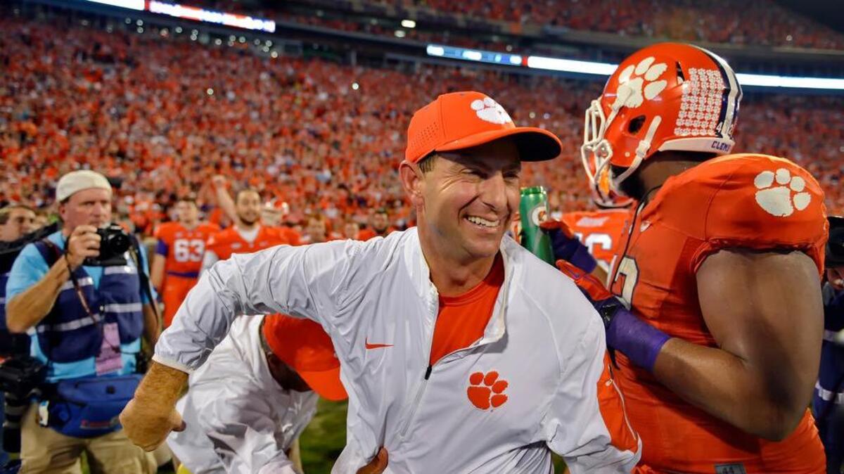 Clemson head coach Dabo Swinney celebrates after their 23-17 win over Florida State in an NCAA college football game, Saturday, Nov. 7, 2015, in Clemson, S.C. (AP Photo/Richard Shiro)