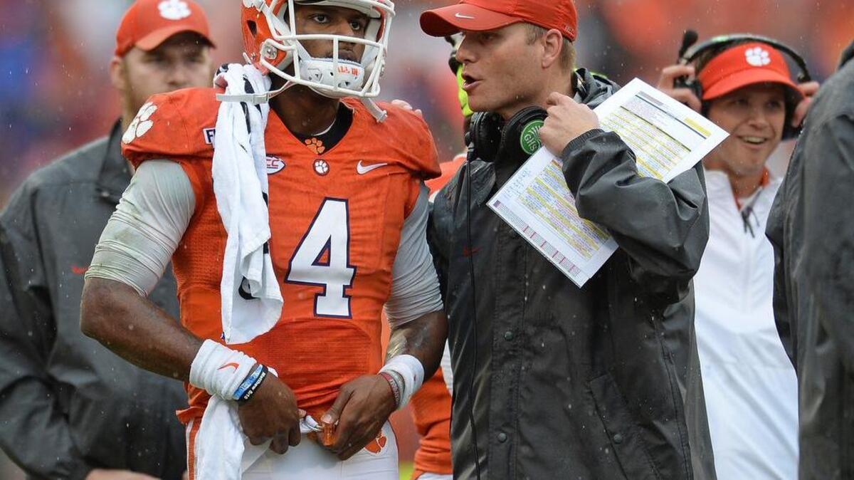 Clemson quarterback Deshaun Watson and quarterbacks coach Brandon Streeter during the 1st quarter Saturday, October 10, 2015 at Clemson's Memorial Stadium.