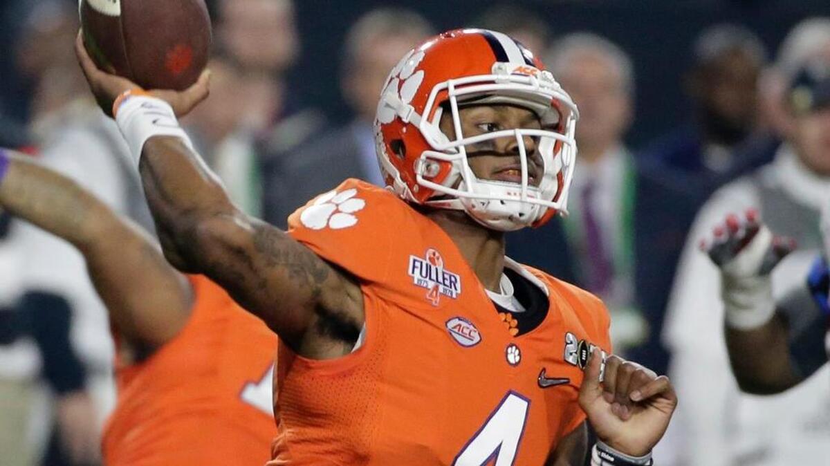In this Jan. 11, 2016, file photo, Clemson quarterback Deshaun Watson throws during the first half of the NCAA college football playoff championship game against Alabama, in Glendale, Ariz. The pool of candidates for the Heisman Trophy is deep. Stanford's Christian McCaffrey and Clemson's Deshaun Watson are among the obvious ones, and others could enter the race if things break right for them.