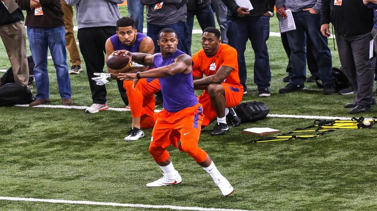 Clemson quarterback Deshaun Watson fires the ball to a receiver during a passing drill at Pro Day at Clemson.