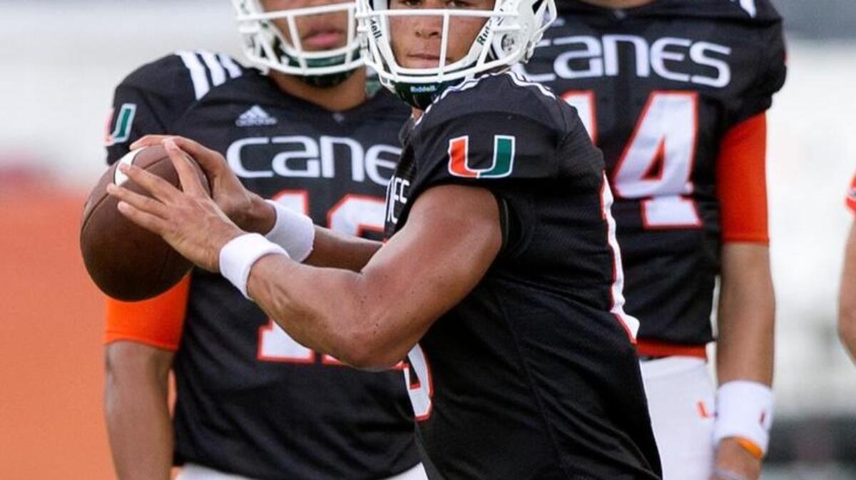 Miami quarterback Brad Kaaya (15) looks to pass during NCAA college football practice, Tuesday, Aug. 23, 2016, in Coral Gables, Fla.
