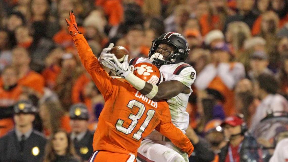 Clemson cornerback Ryan Carter is called for pass interference against South Carolina’s Bryan Edwards during last season’s game against South Carolina.