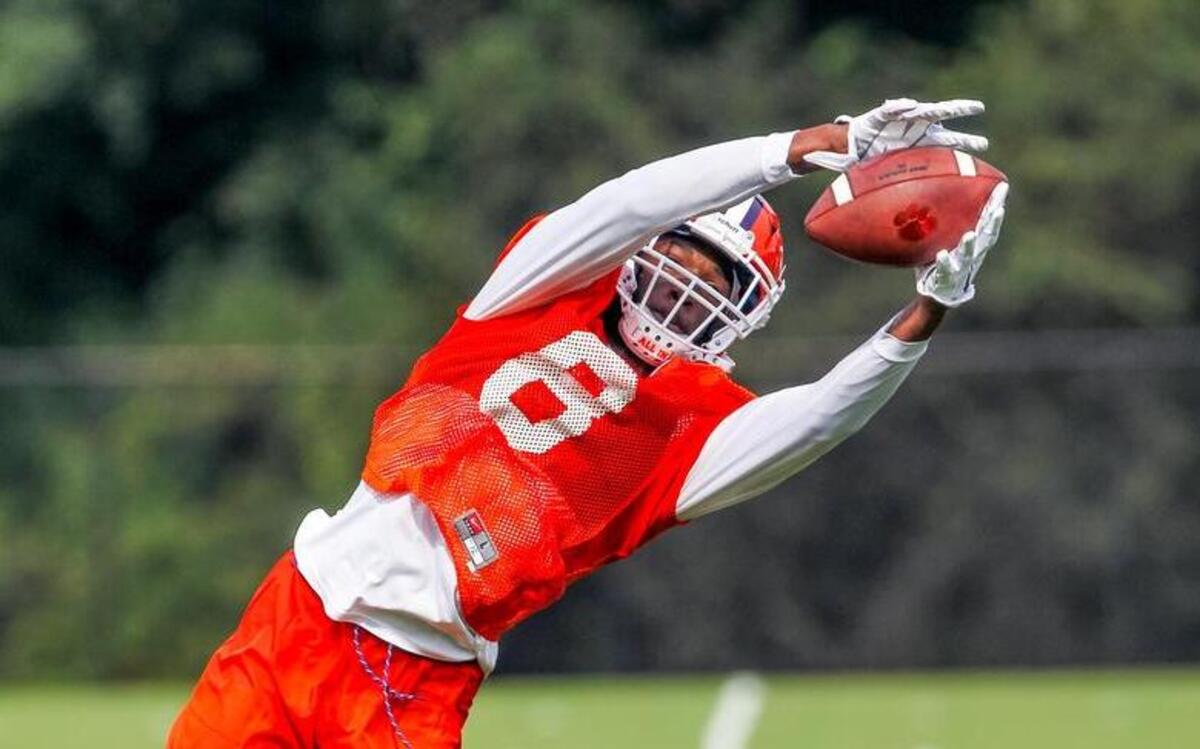 Clemson wide receiver Deon Cain (8) during the Tigers' football practice Thursday