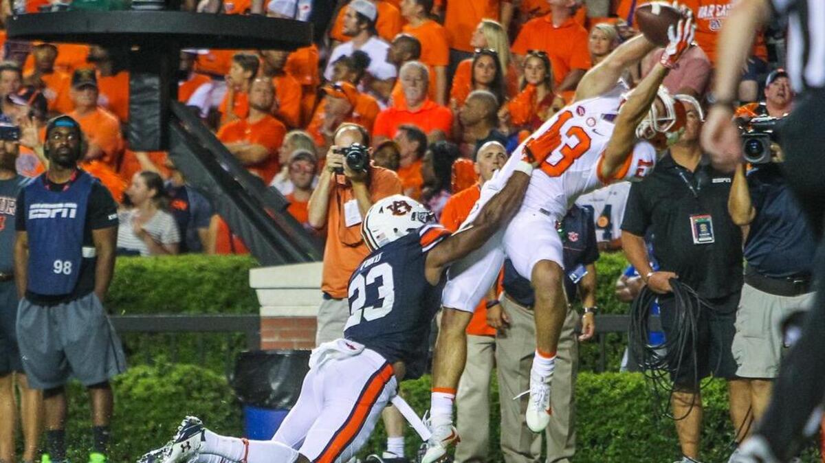 Clemson Tigers wide receiver Hunter Renfrow (13) catches a touchdown during of the second half of their game at Jordan-Hare Stadium in Auburn, Ala., on Saturday.