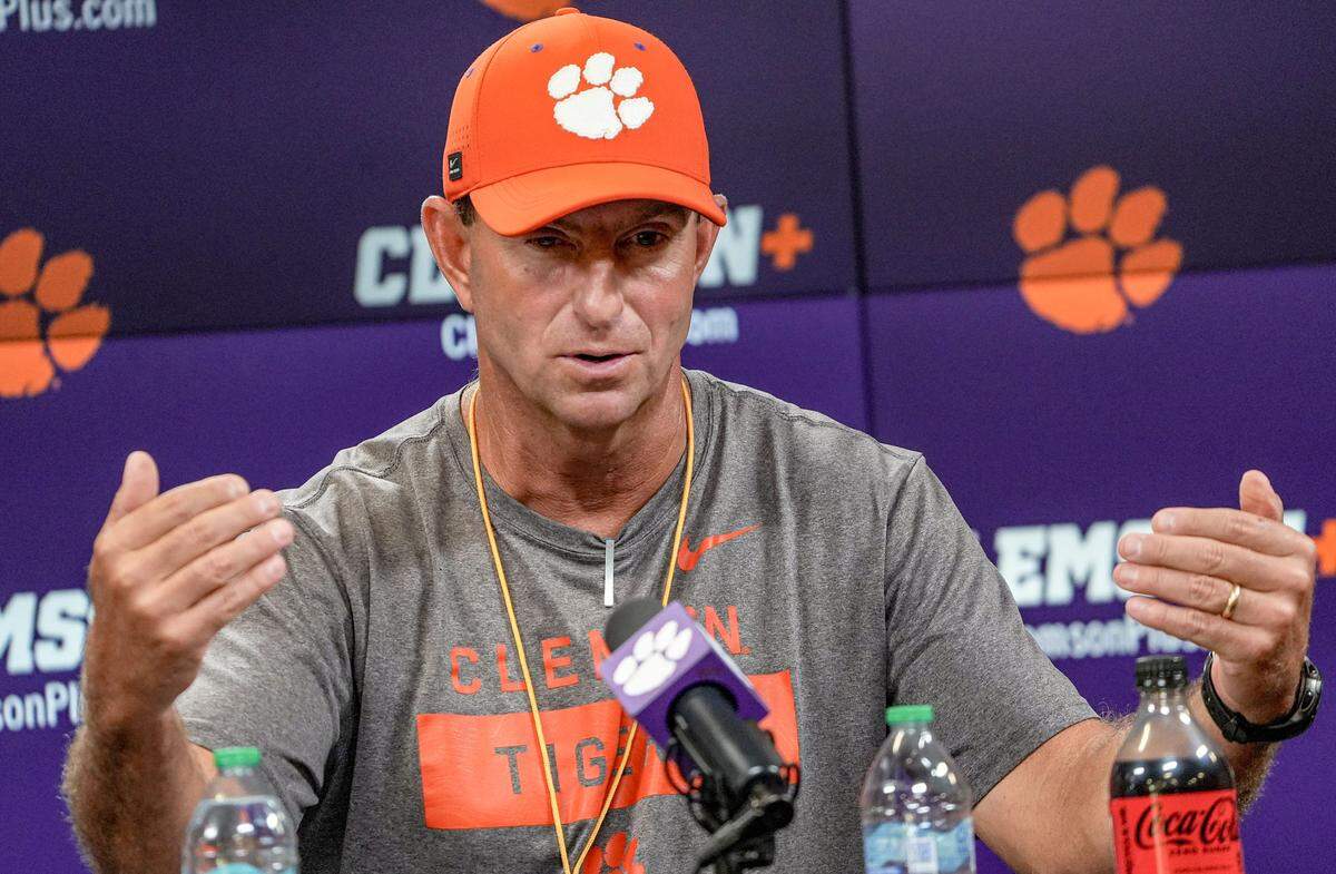 Clemson Head Coach Dabo Swinney talks with media after practice in Clemson, S.C. Wednesday, August 6, 2025.