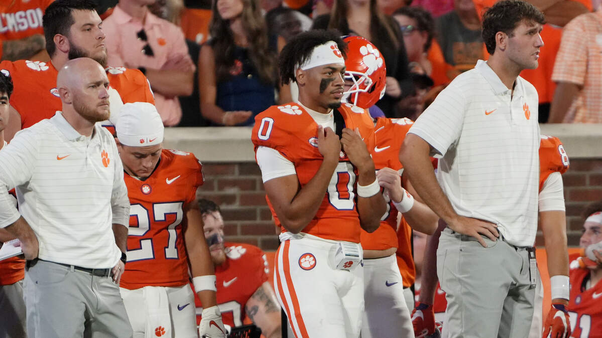 Aug 30, 2025; Clemson, South Carolina, USA; Clemson Tigers wide receiver Antonio Williams (0) watches the game from the sideline during the second half at Memorial Stadium.