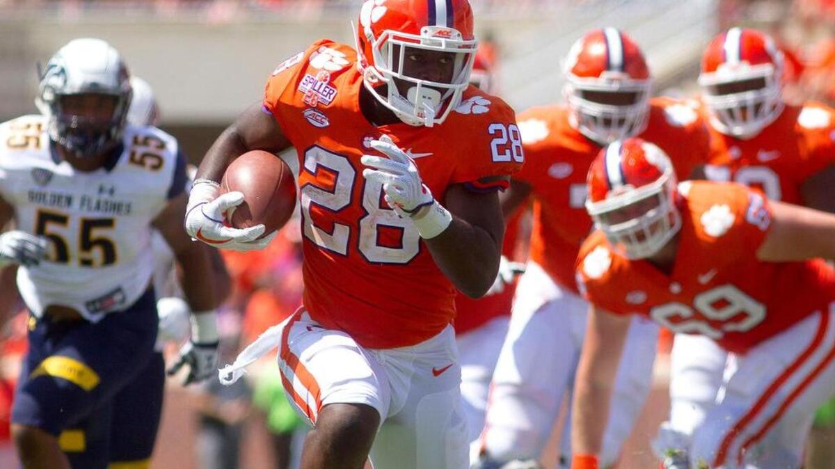 Clemson running back Tavien Feaster is listed as the starter on the depth chart for Virginia Tech.